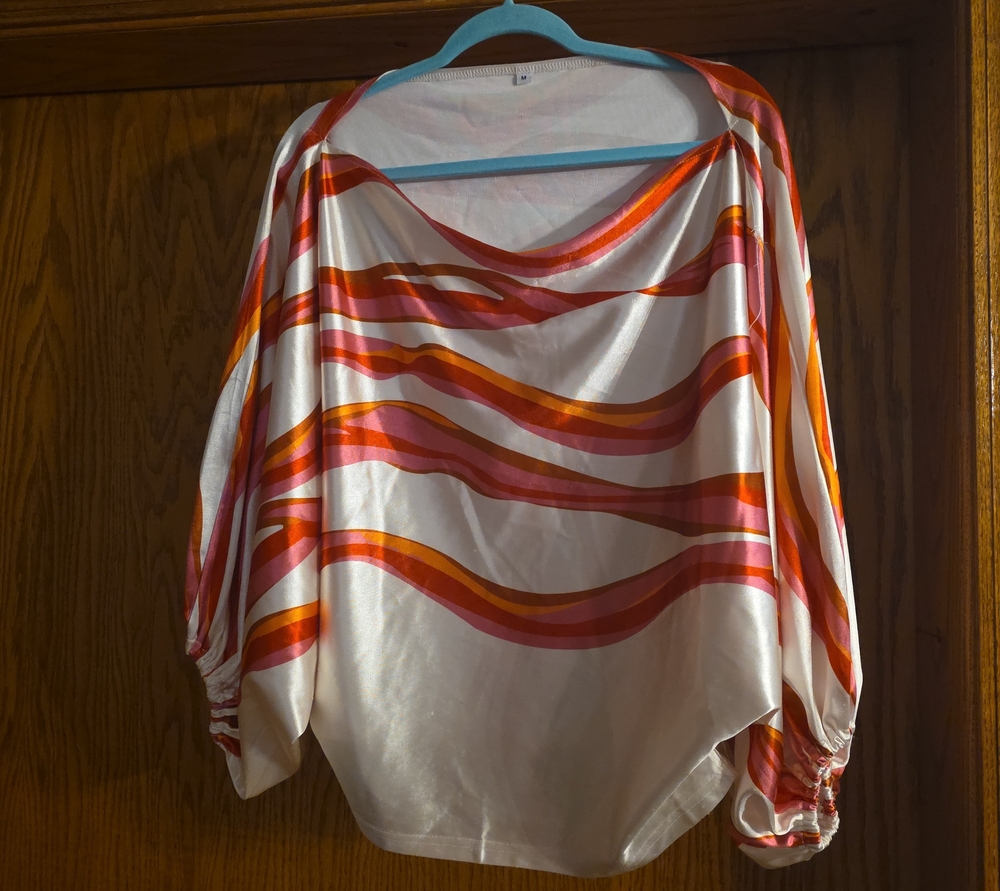 Source Unknown Satin Boatneck Blouse - White with Pink & Orange Wave Stripes